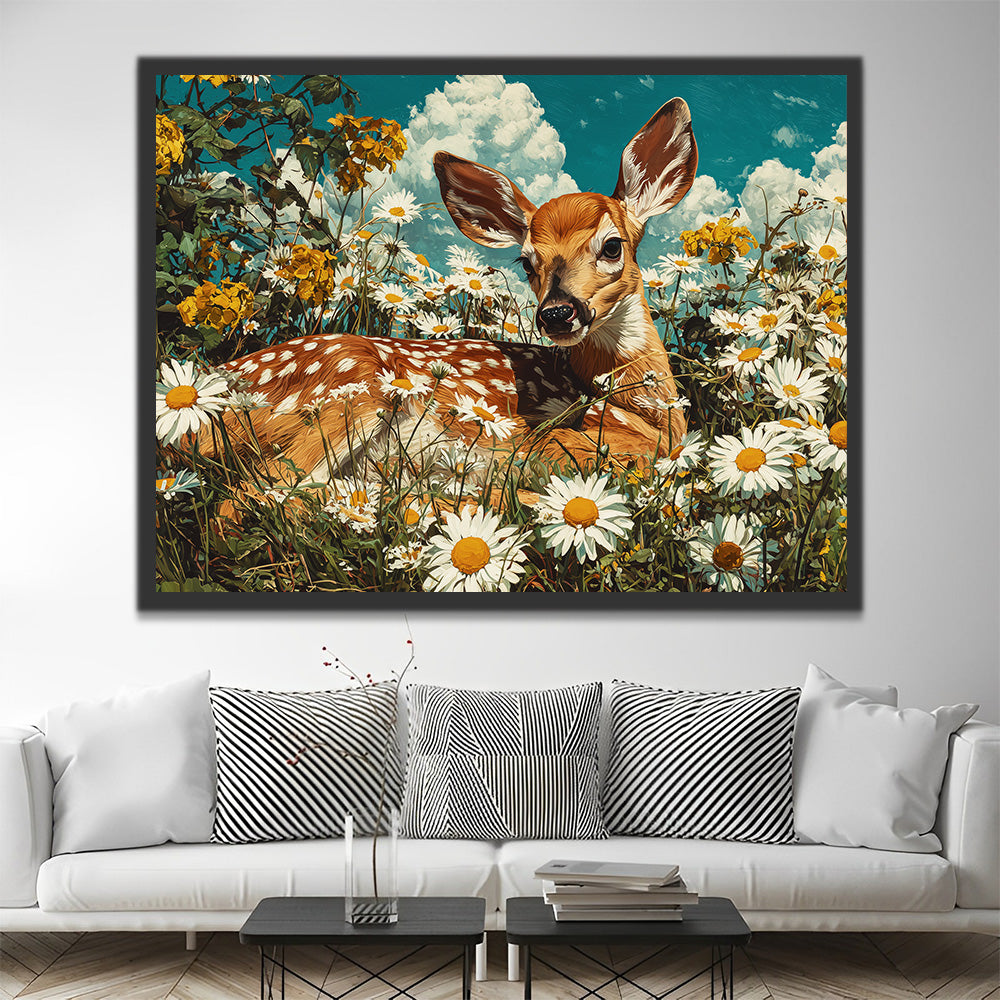 Sika Deer Lying among Daisies Paint by Numbers