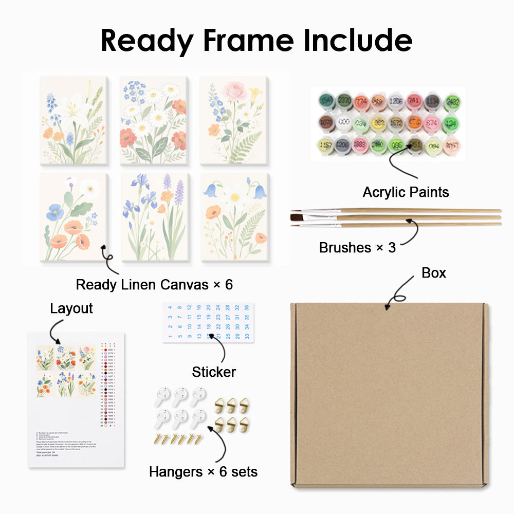 Simple and Pure Flowers and Leaves 6 Pieces Mini Paint by Numbers