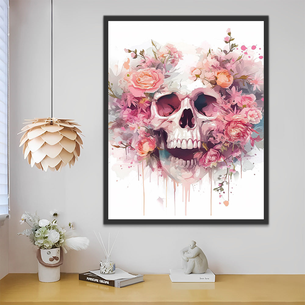 Skull among Pink Flowers Paint by Numbers