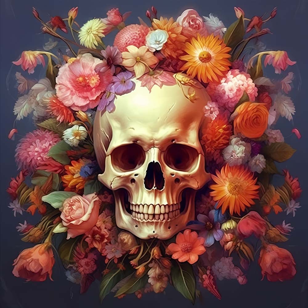 Skull Surrounded by Flowers Paint by Numbers