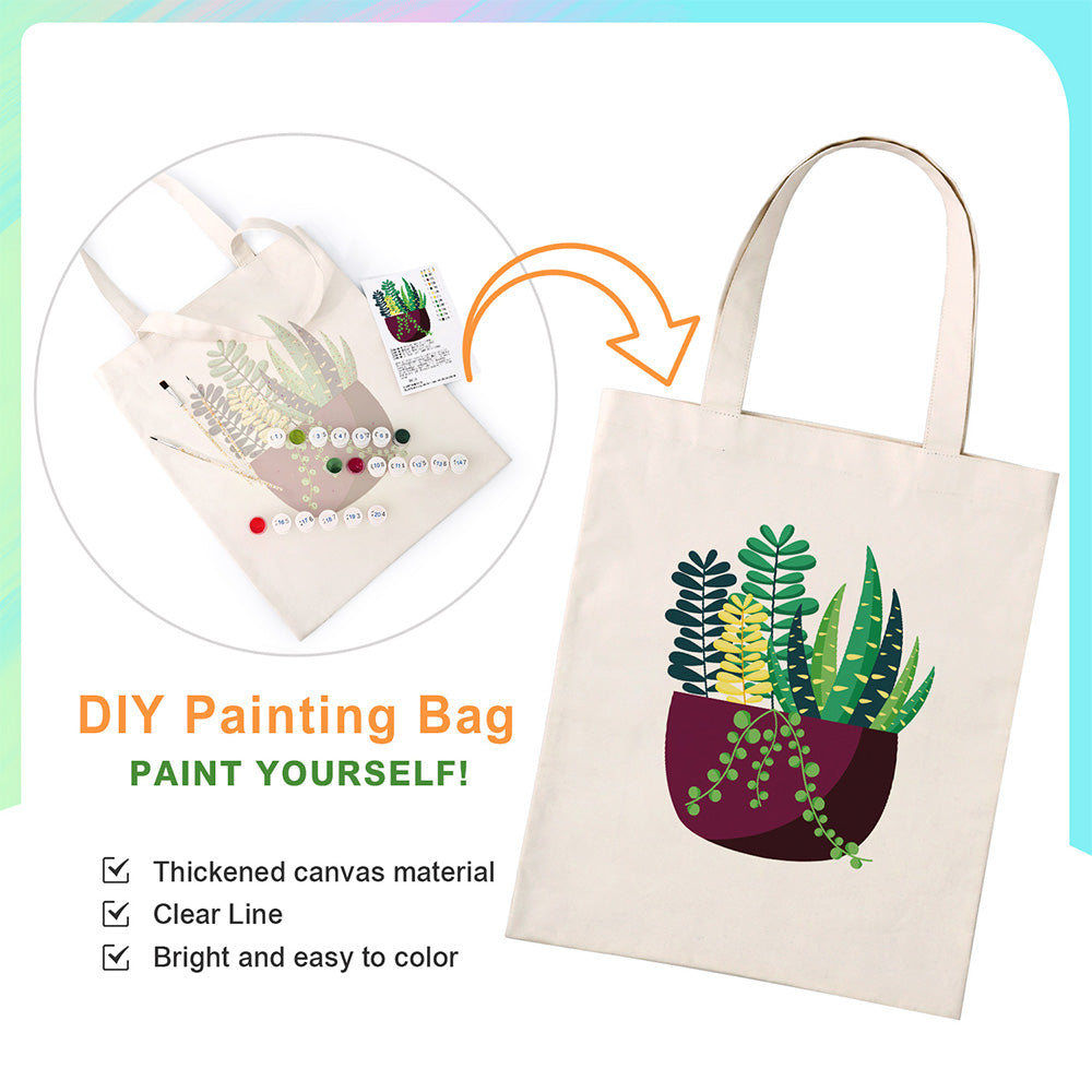 Small Green Potted Plant Canvas Tote Bag Paint by Numbers
