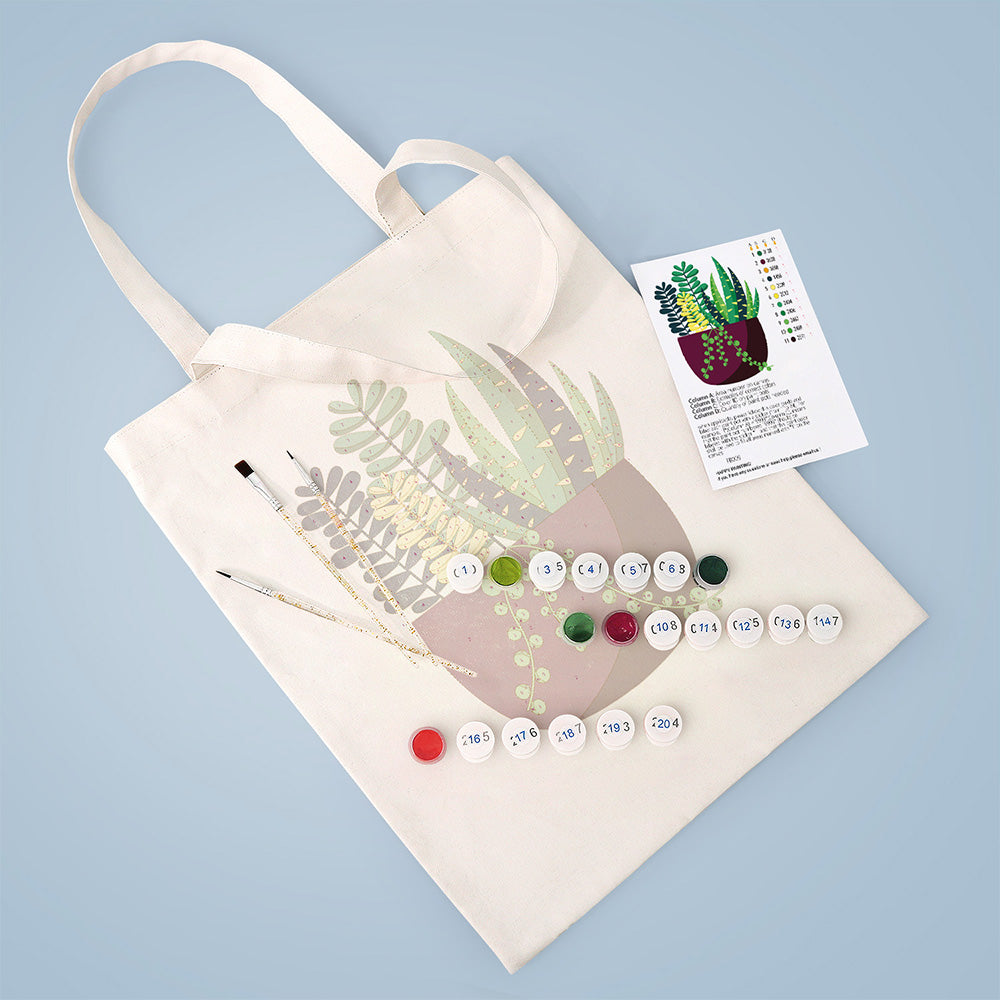 Small Green Potted Plant Canvas Tote Bag Paint by Numbers