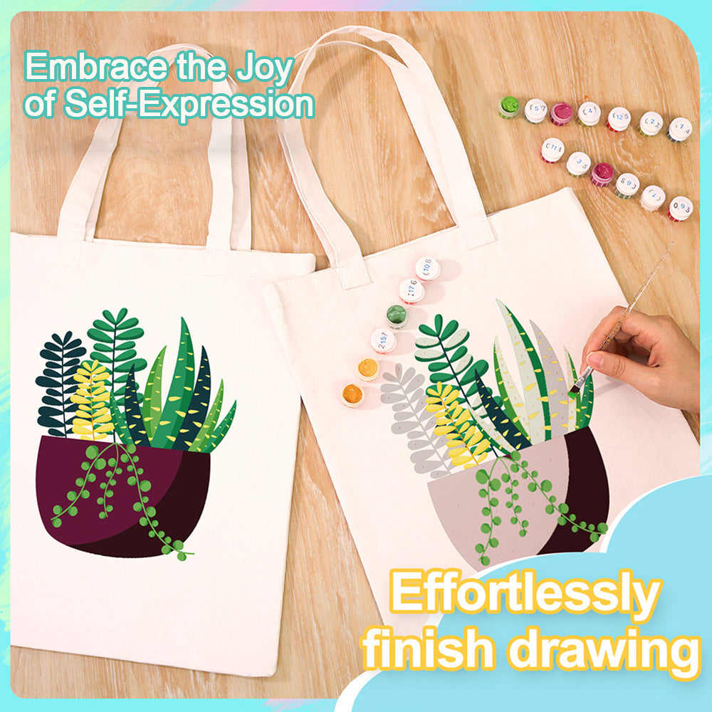 Small Green Potted Plant Canvas Tote Bag Paint by Numbers