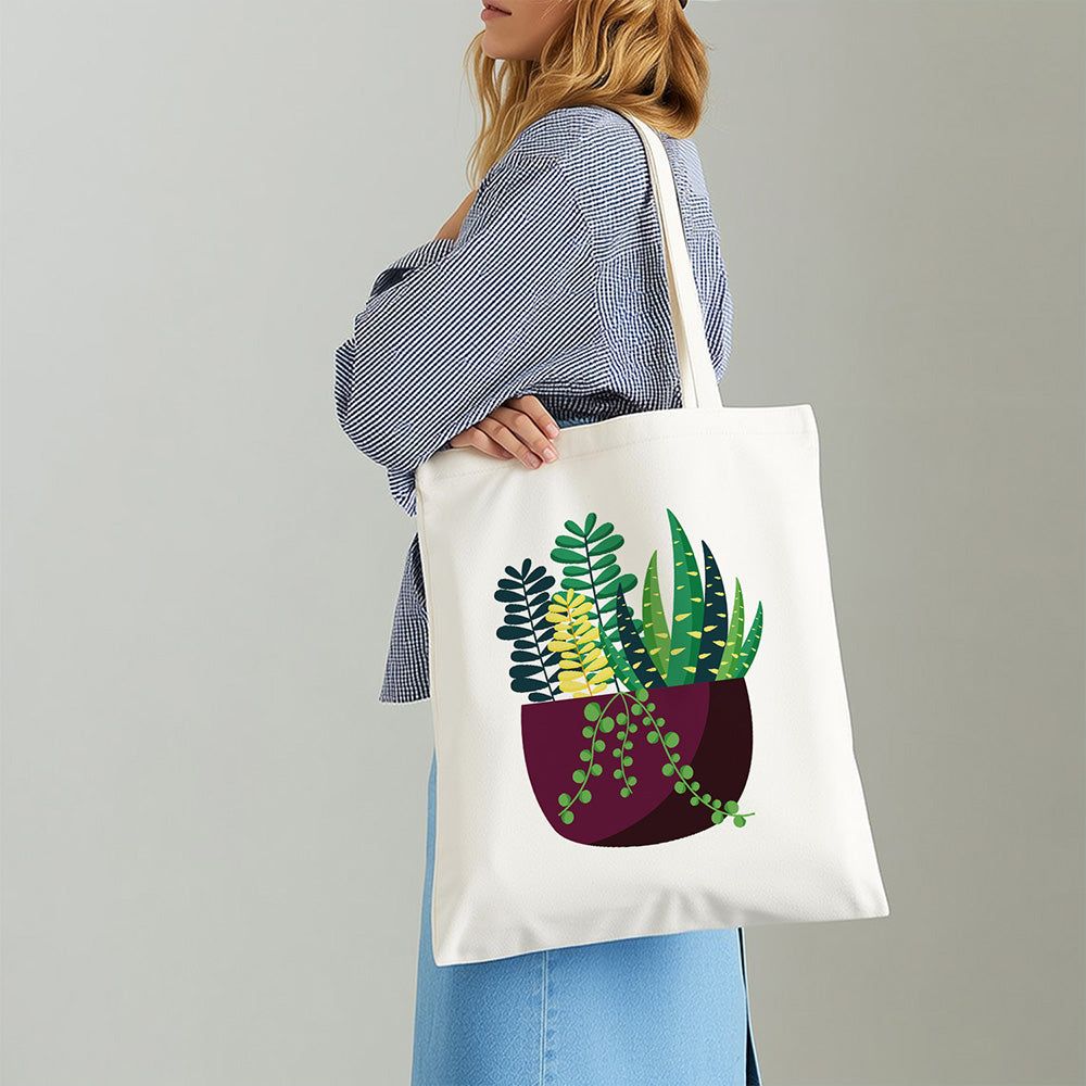 Small Green Potted Plant Canvas Tote Bag Paint by Numbers
