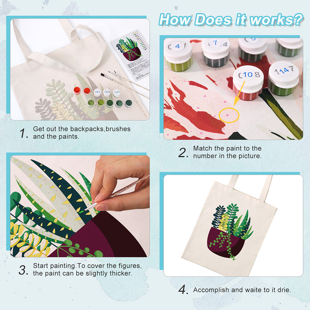 Small Green Potted Plant Canvas Tote Bag Paint by Numbers