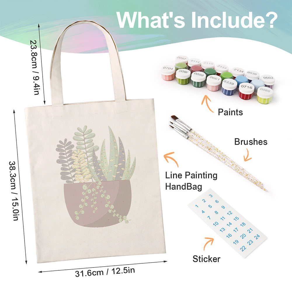 Small Green Potted Plant Canvas Tote Bag Paint by Numbers