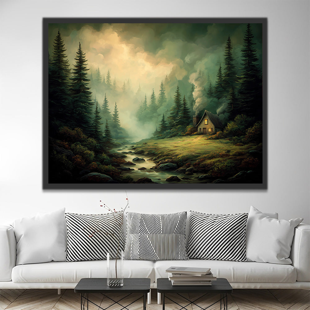 Small House in the Foggy Forest Paint by Numbers