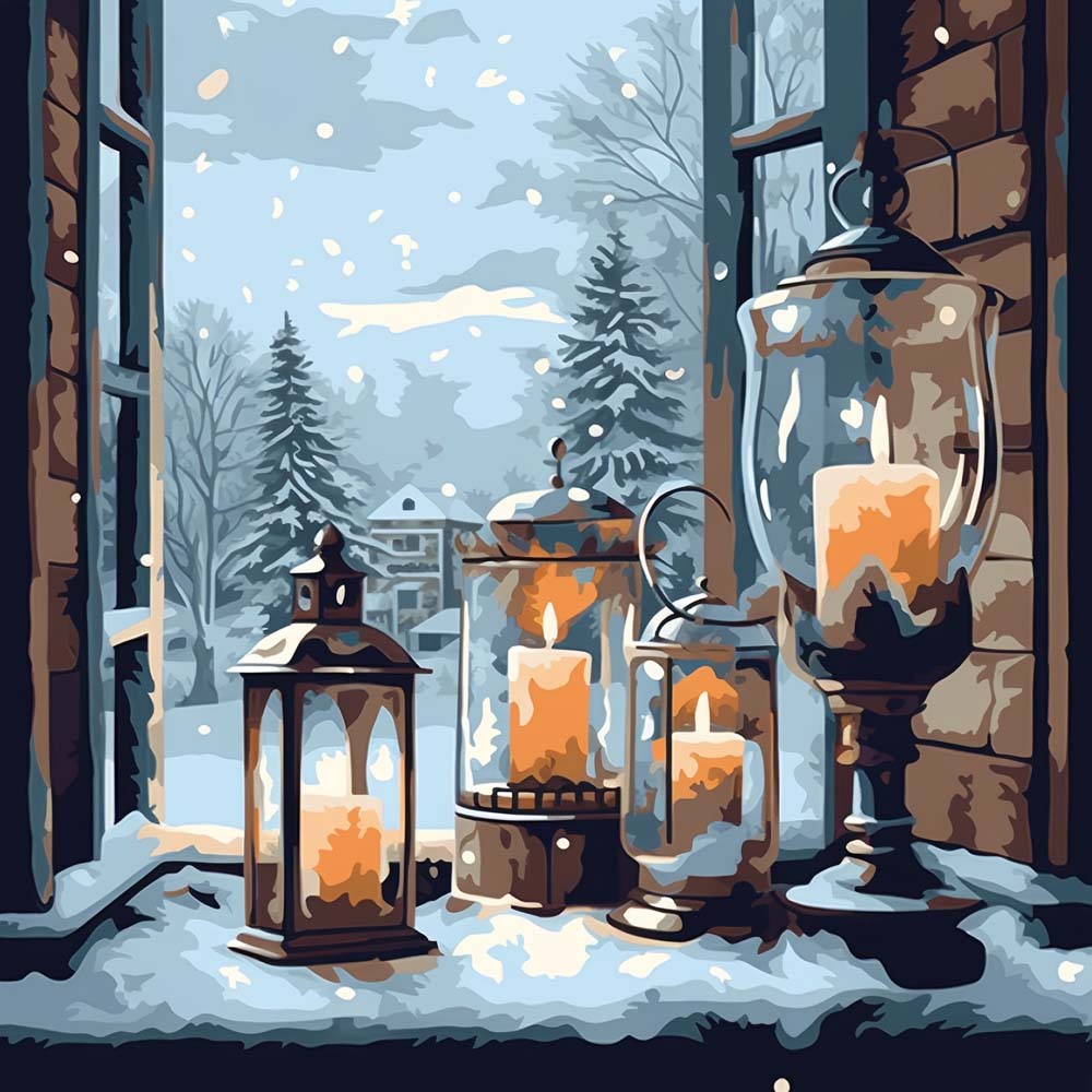 Snow and Candles on the Windowsill Paint by Numbers