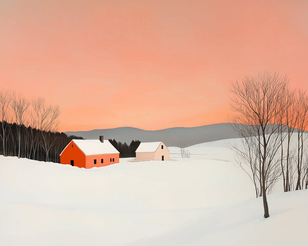 Snowfield and Small House under Pink Sky Paint by Numbers