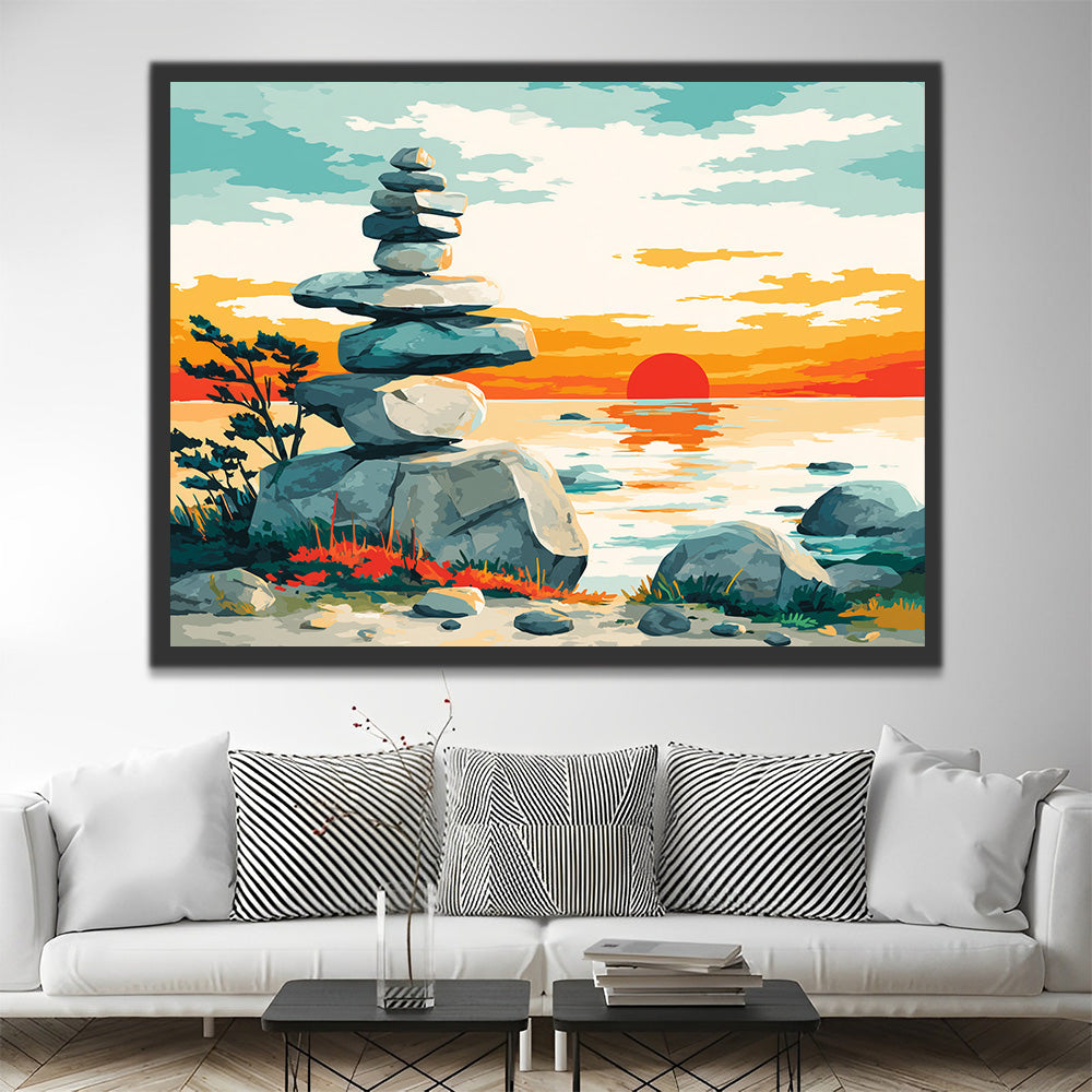 Stacked Stones at Sunrise Paint by Numbers