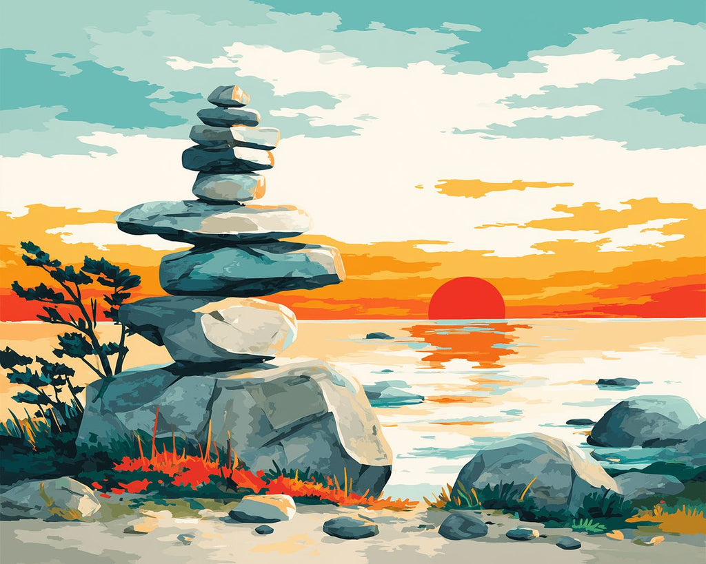 Stacked Stones at Sunrise Paint by Numbers
