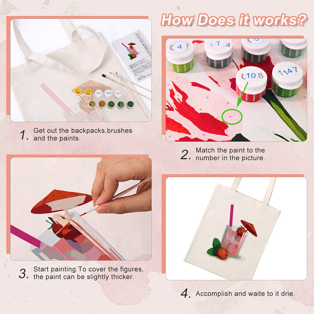 Strawberry-Flavored Cocktail Canvas Tote Bag Paint by Numbers