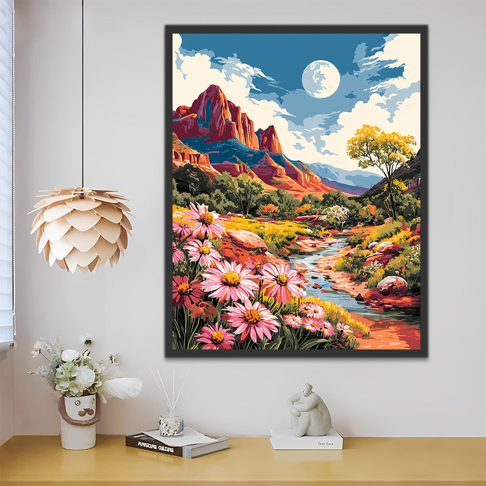 Stream and Pink Chrysanthemums in the Valley Paint by Numbers