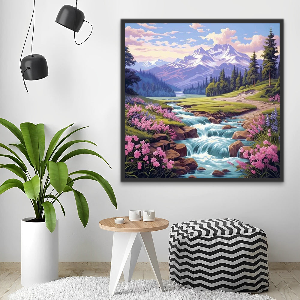 Stream, Flowers and Mountains Paint by Numbers