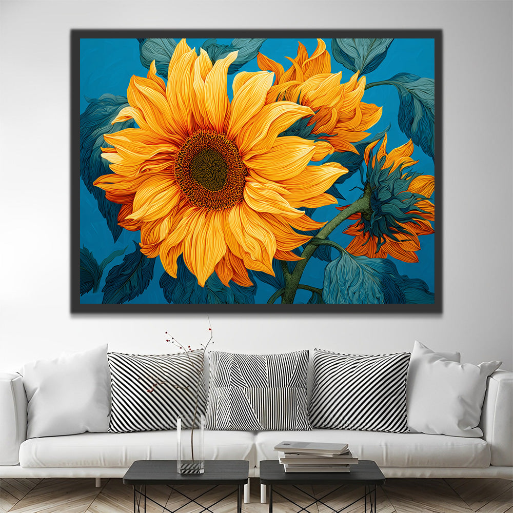 Sunflowers on Blue Background Paint by Numbers