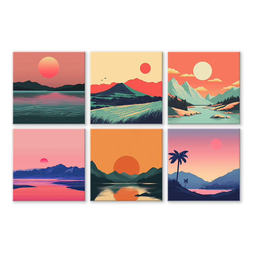 Sunrise over Mountains and Sea 6 Pieces Mini Paint by Numbers