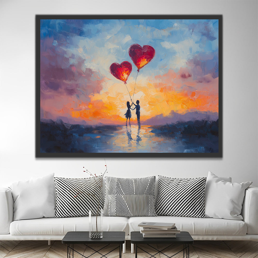 Sweet Couple Holding Heart Shaped Balloons Paint by Numbers