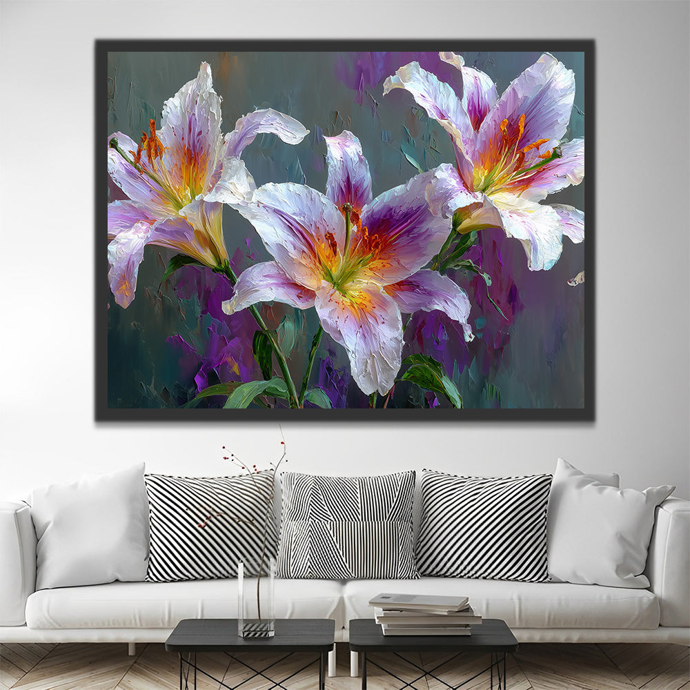 Three White and Purple Lilies Paint by Numbers