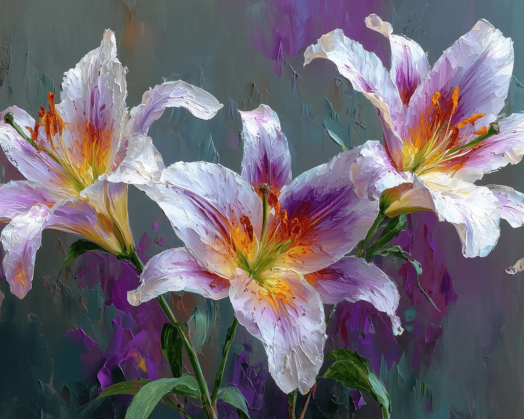 Three White and Purple Lilies Paint by Numbers