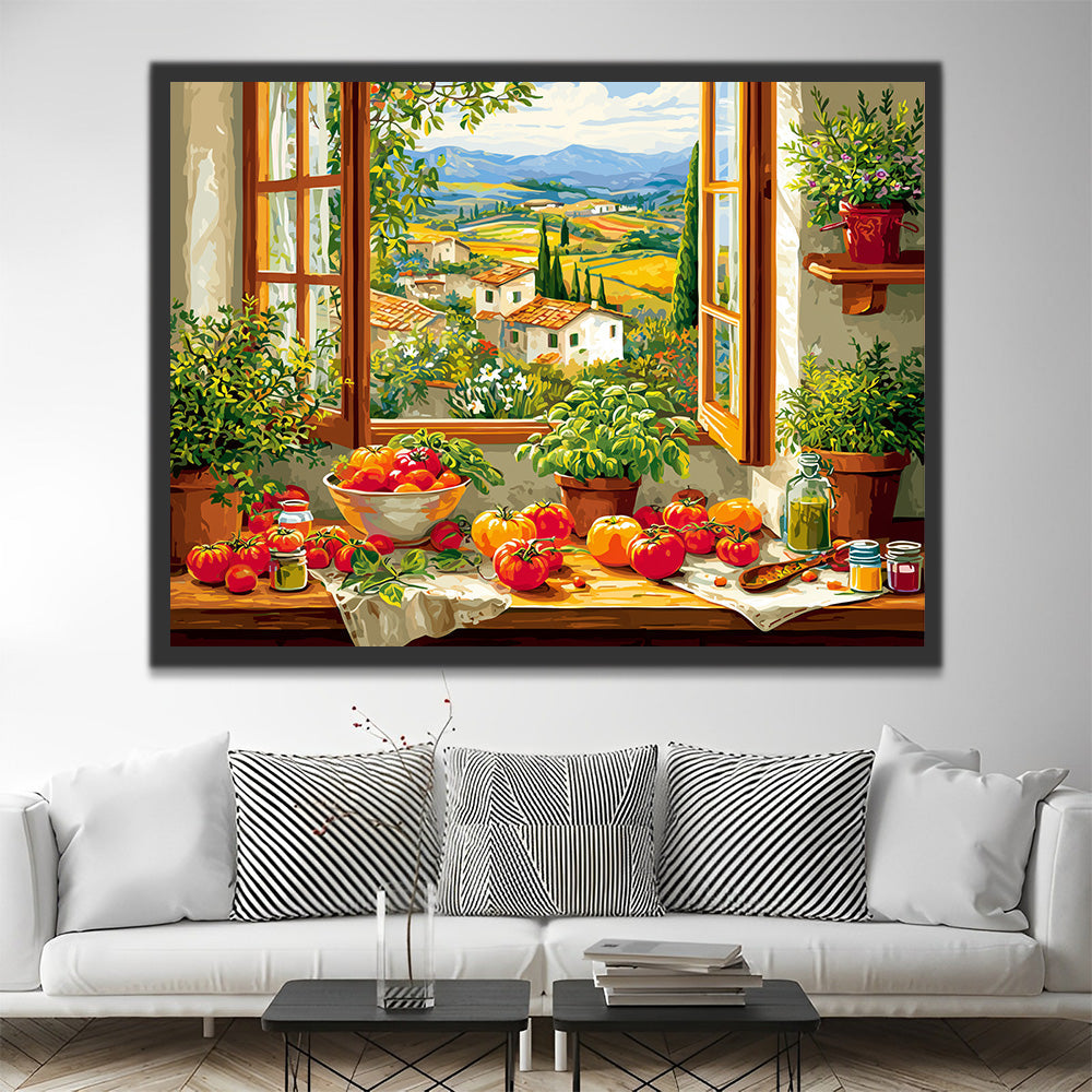 Tomatoes and Green Potted Plants on the Windowsill Paint by Numbers