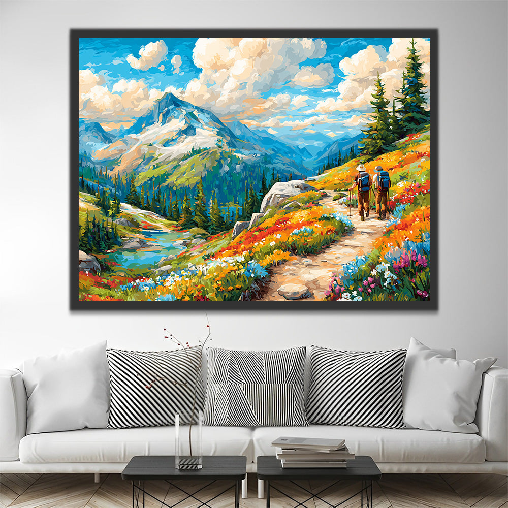 Travelers on a Mountain Road full of Flowers Paint by Numbers