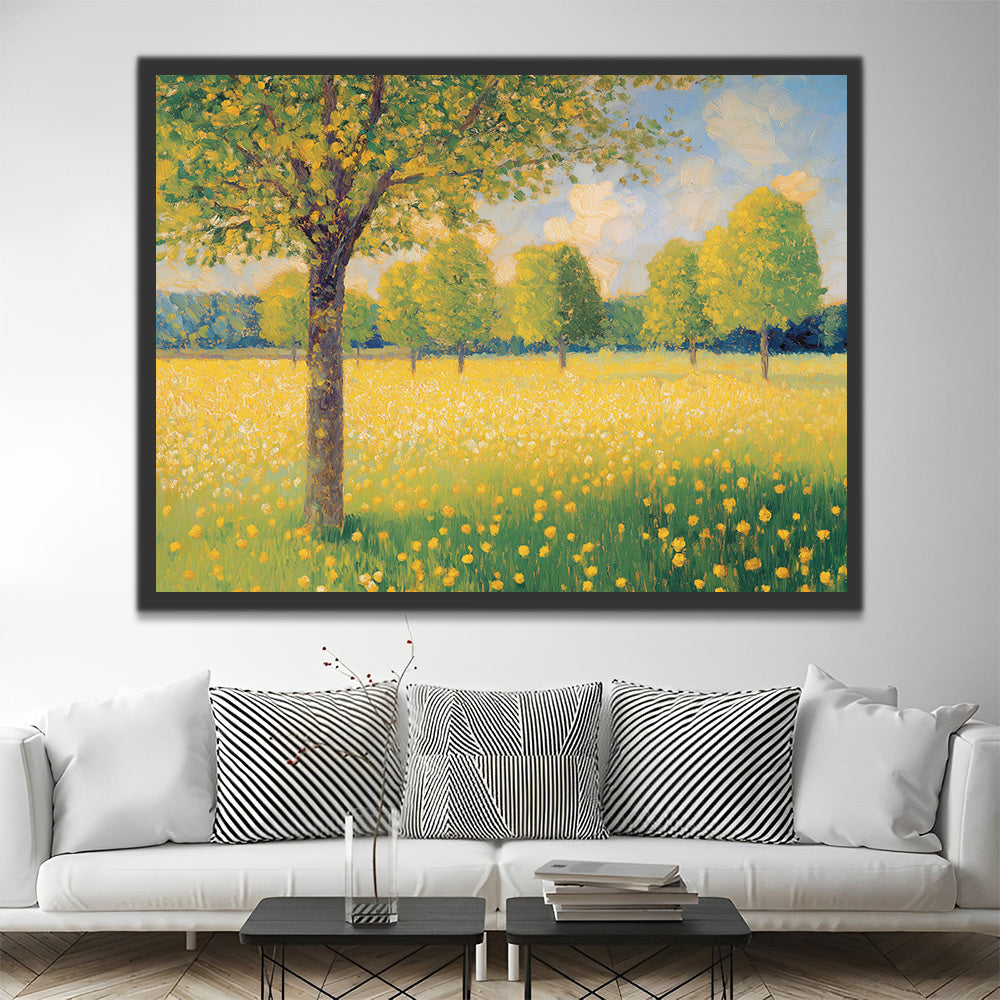 Trees in Yellow Flower Field Paint by Numbers