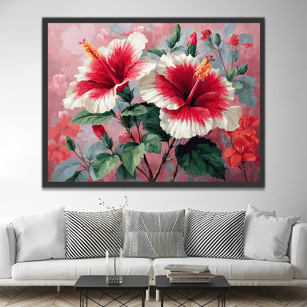Two Red and White Hibiscus Flowers Paint by Numbers