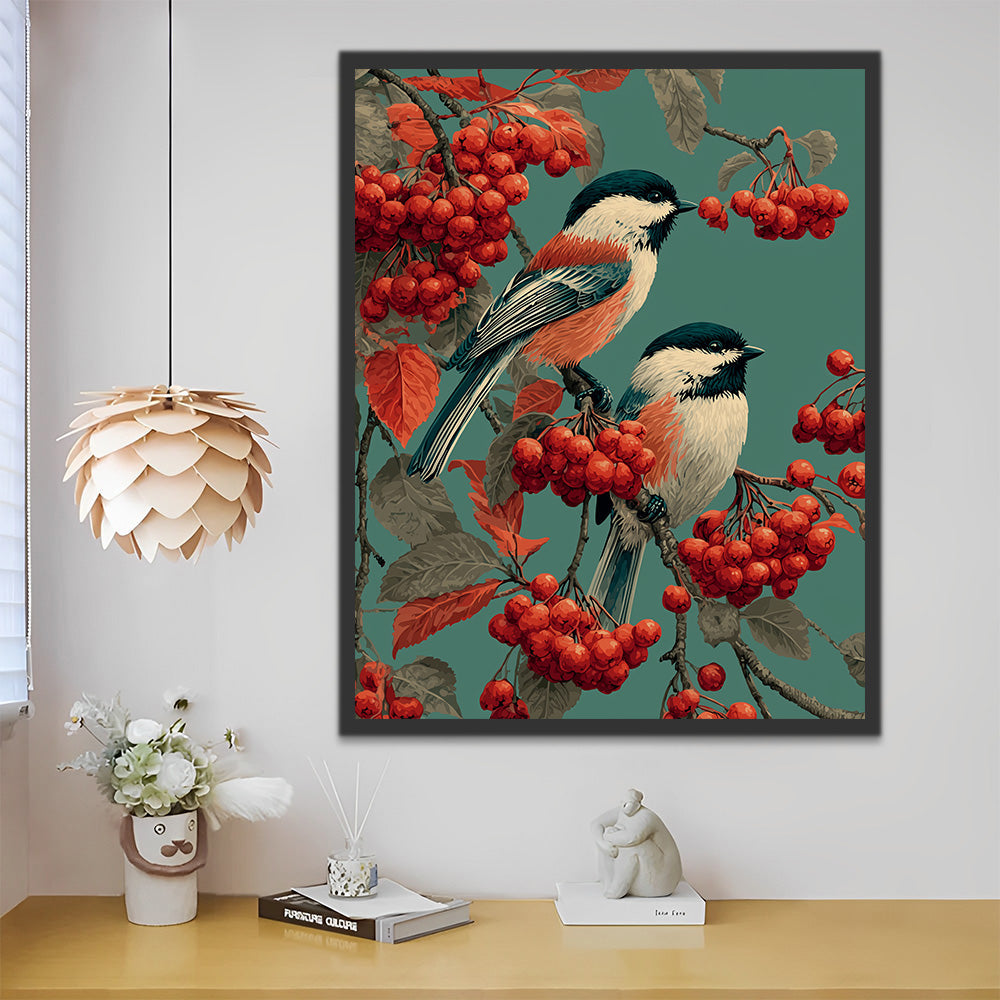 Two Sparrows on A Red Berry Tree Paint by Numbers