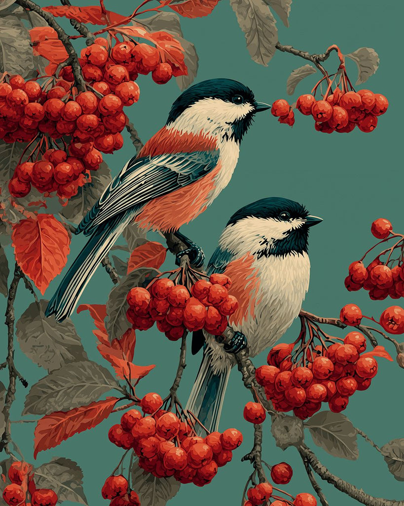 Two Sparrows on A Red Berry Tree Paint by Numbers