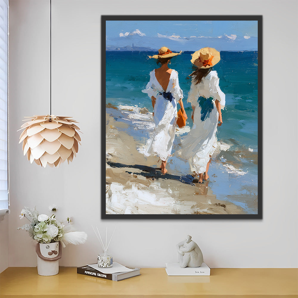 Two Women in White Dresses at the Beach Paint by Numbers