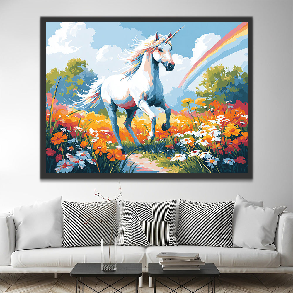 Unicorn Running in the Flower Field Paint by Numbers