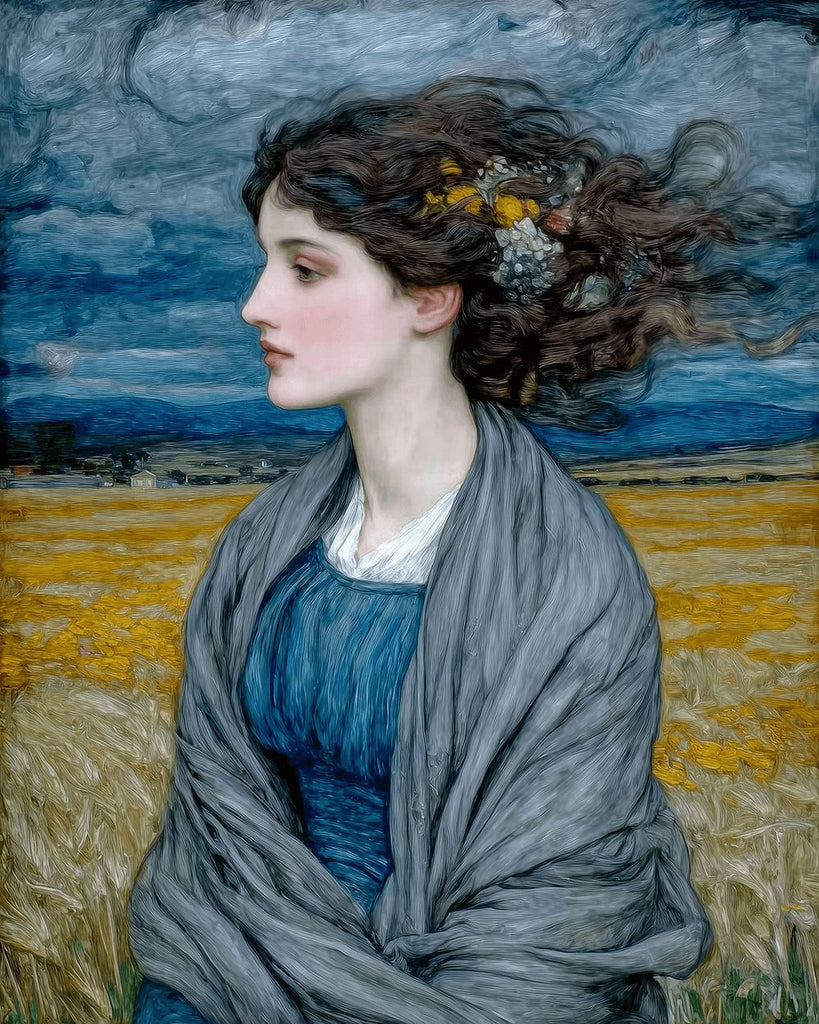 Van Gogh Style - Woman in a Blue Dress in the Field Paint by Numbers