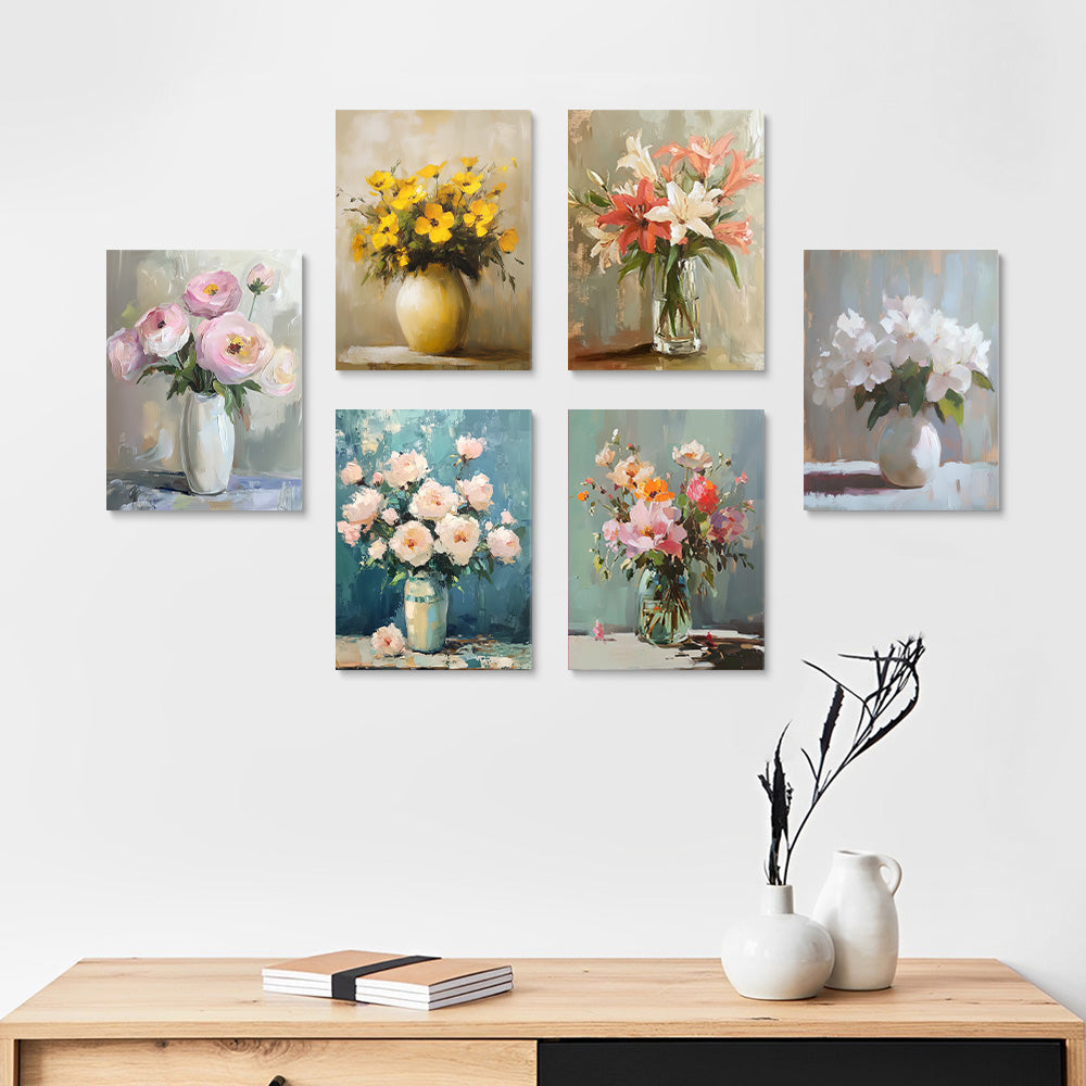 Various Flowers in Different Vases 6 Pieces Mini Paint by Numbers