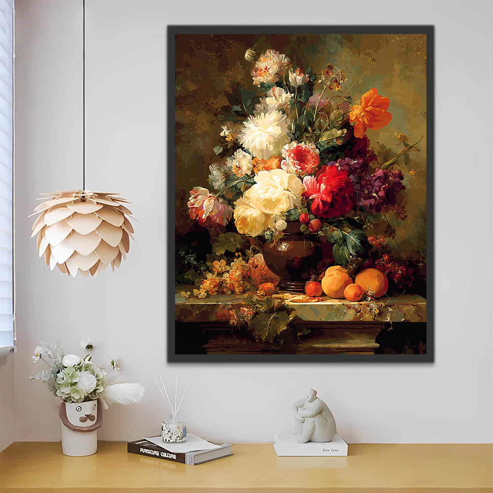 Vintage Still Life of Chrysanthemums and Fruit Paint by Numbers