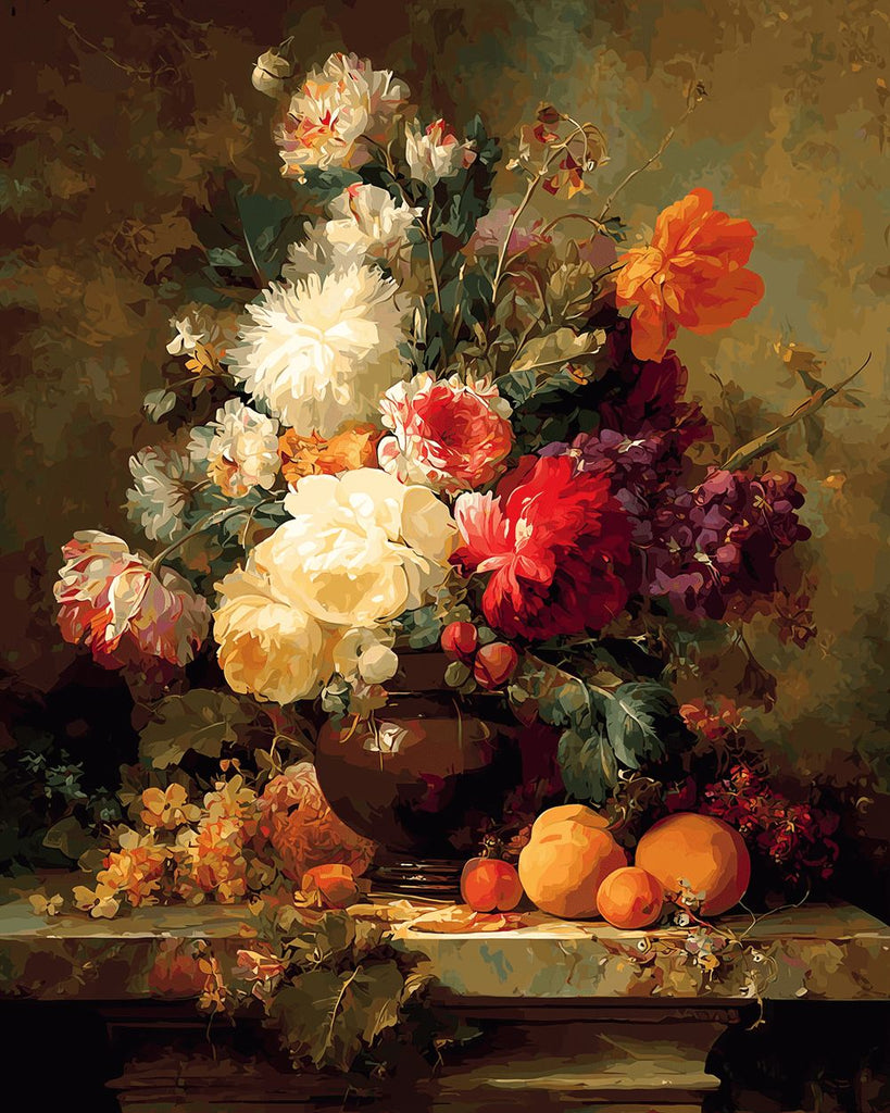 Vintage Still Life of Chrysanthemums and Fruit Paint by Numbers