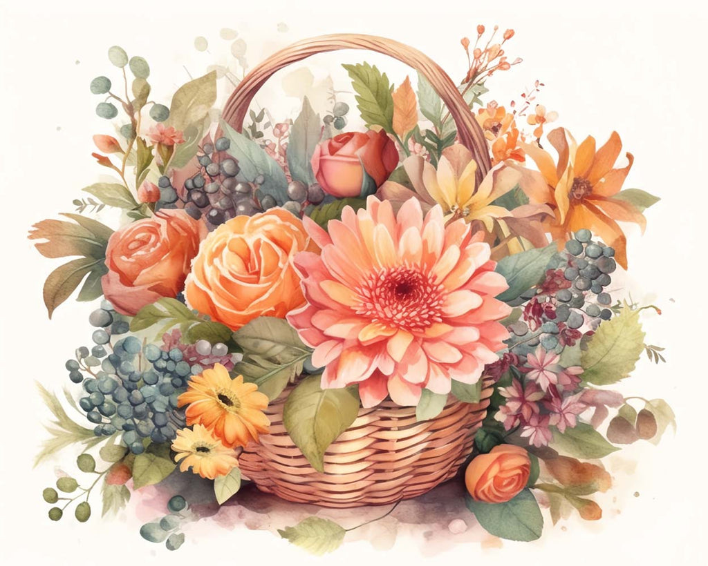 Watercolor Flowers in Basket Paint by Numbers