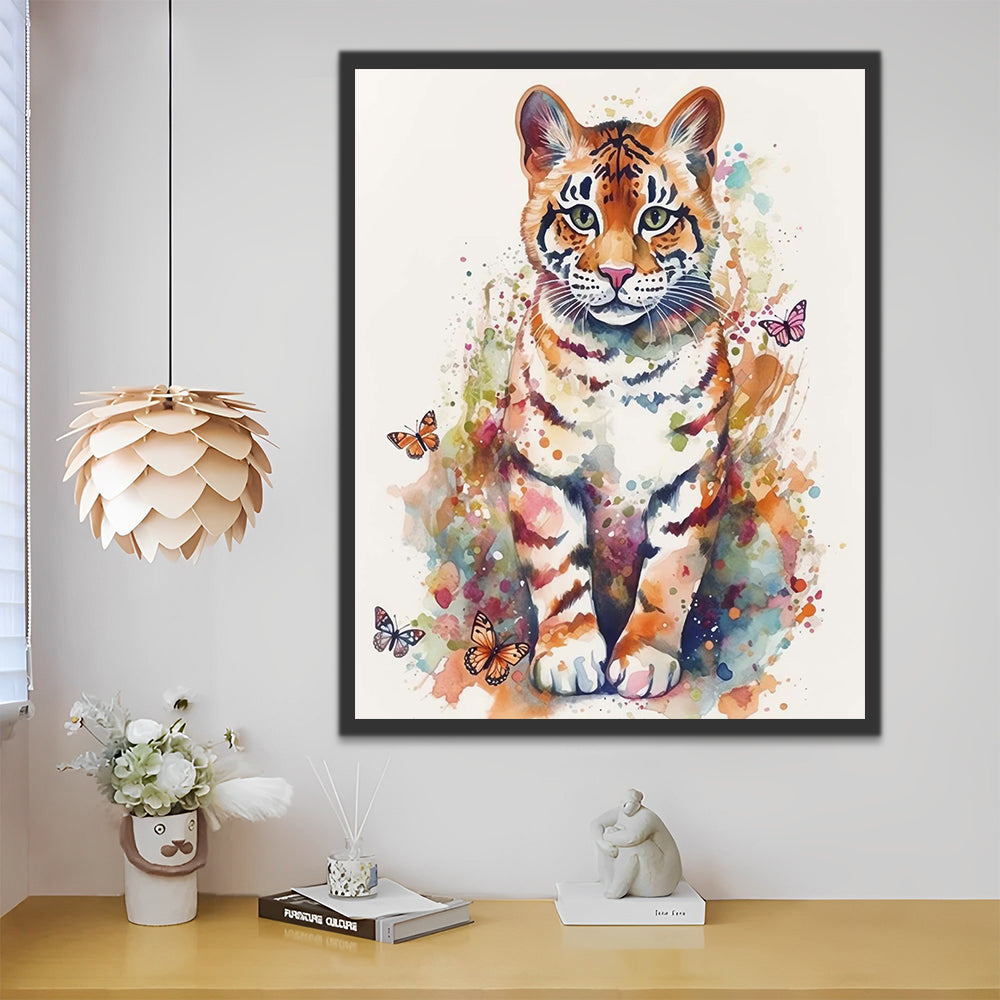 Watercolor Little Tiger and Butterflies Paint by Numbers