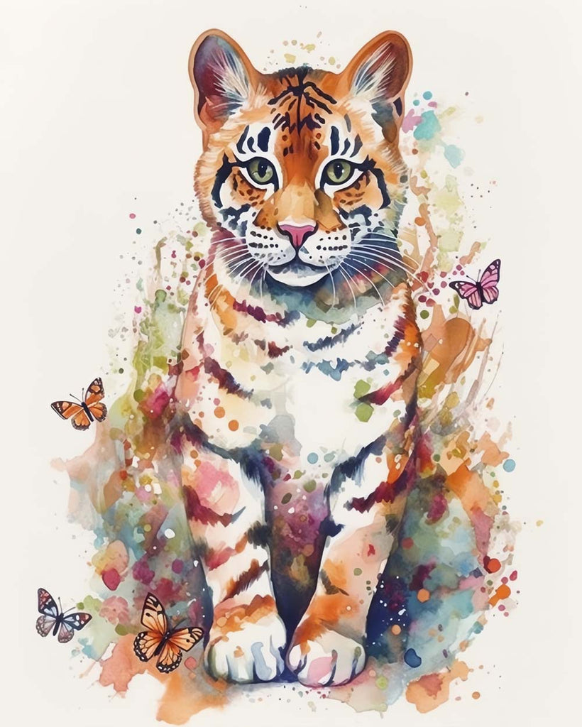 Watercolor Little Tiger and Butterflies Paint by Numbers