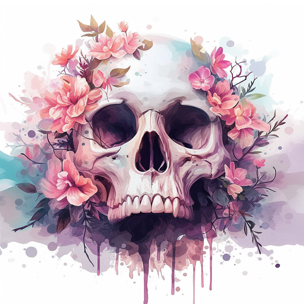 Watercolor Skull with Pink Flowers Paint by Numbers