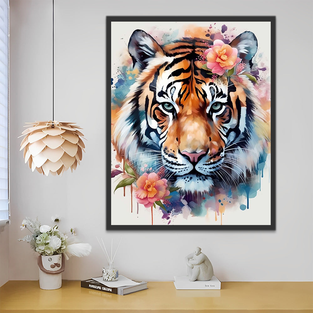 Watercolor Tiger and Pink Flowers Paint by Numbers