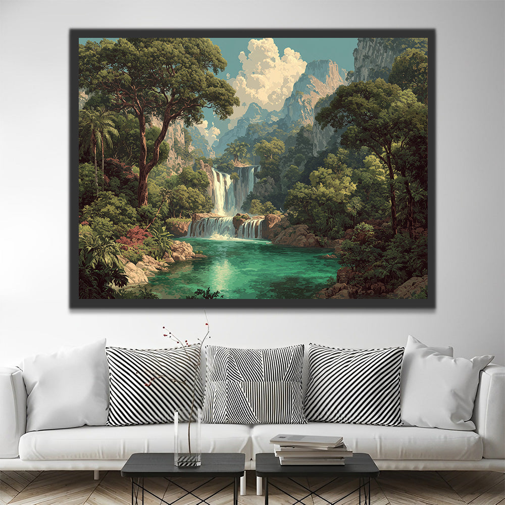 Waterfall and Lush Trees in the Mountains Paint by Numbers