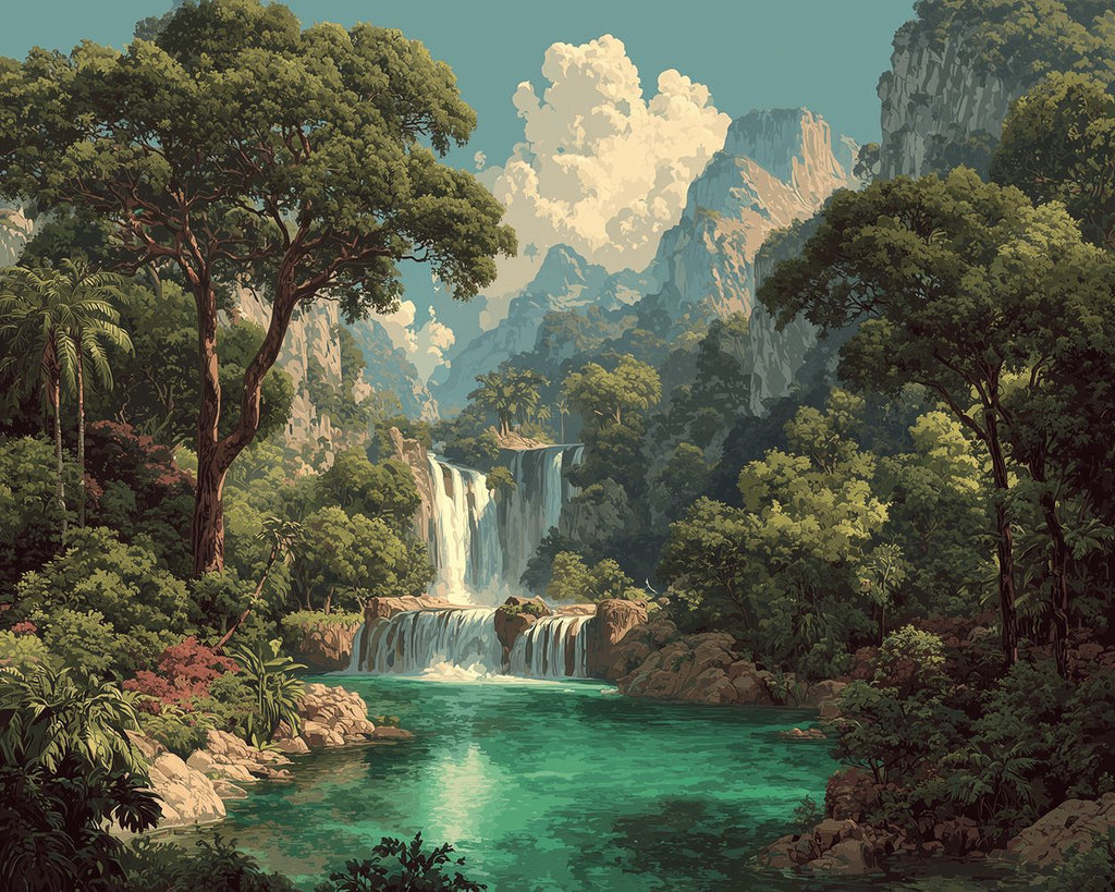 Waterfall and Lush Trees in the Mountains Paint by Numbers