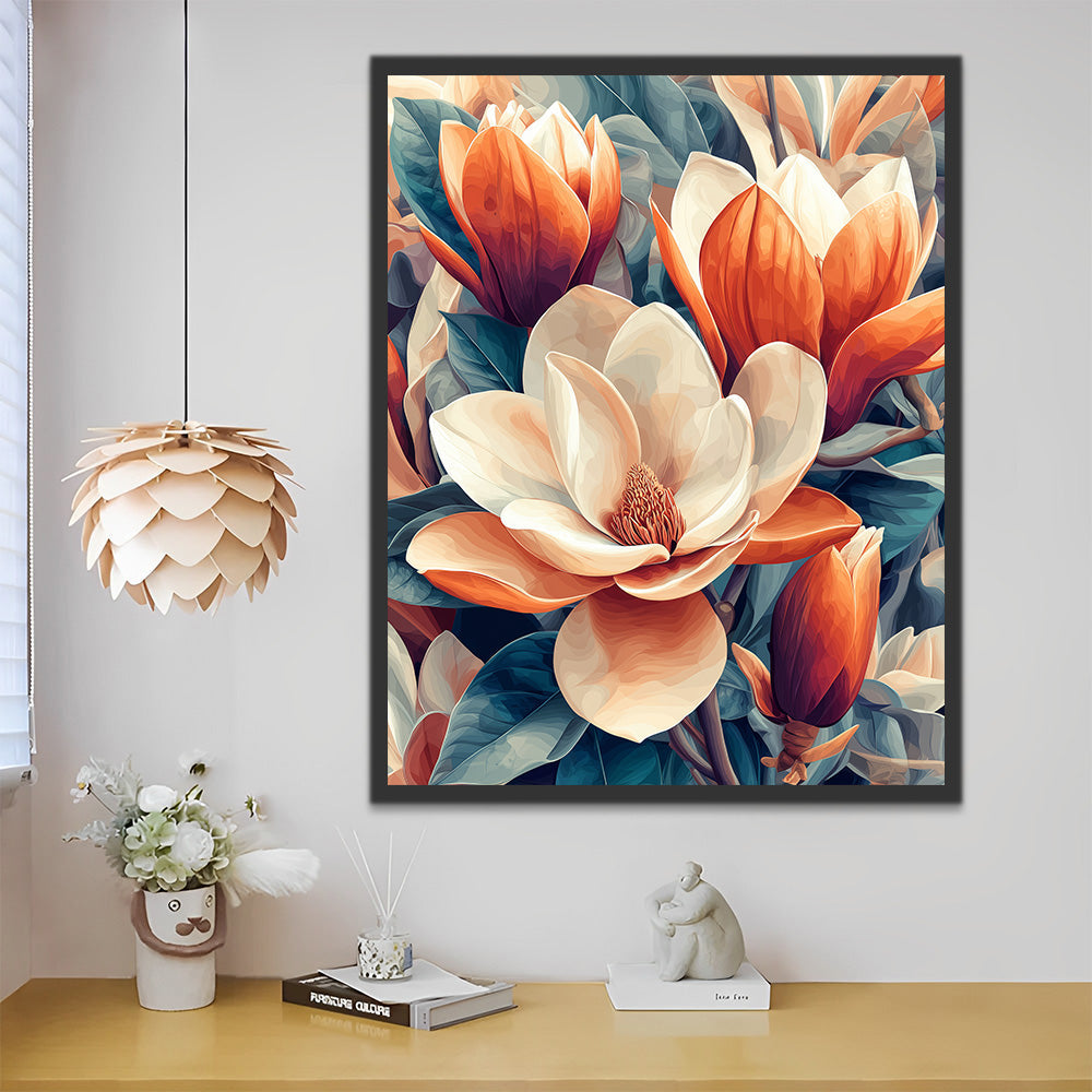 White and Orange Magnolia Flowers Paint by Numbers