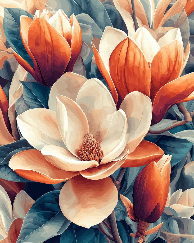 White and Orange Magnolia Flowers Paint by Numbers