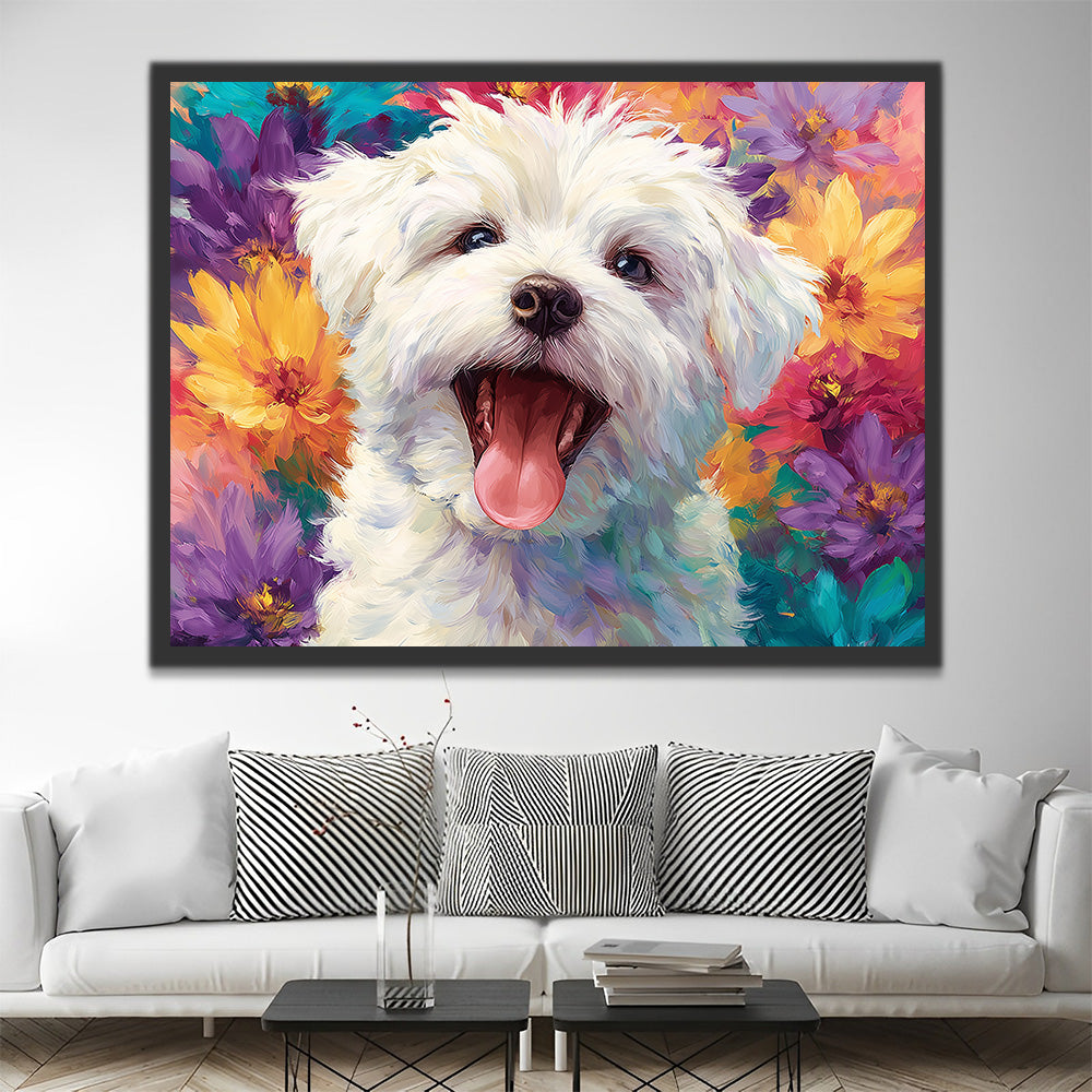 White Bichon Frise among Colorful Chrysanthemums Paint by Numbers