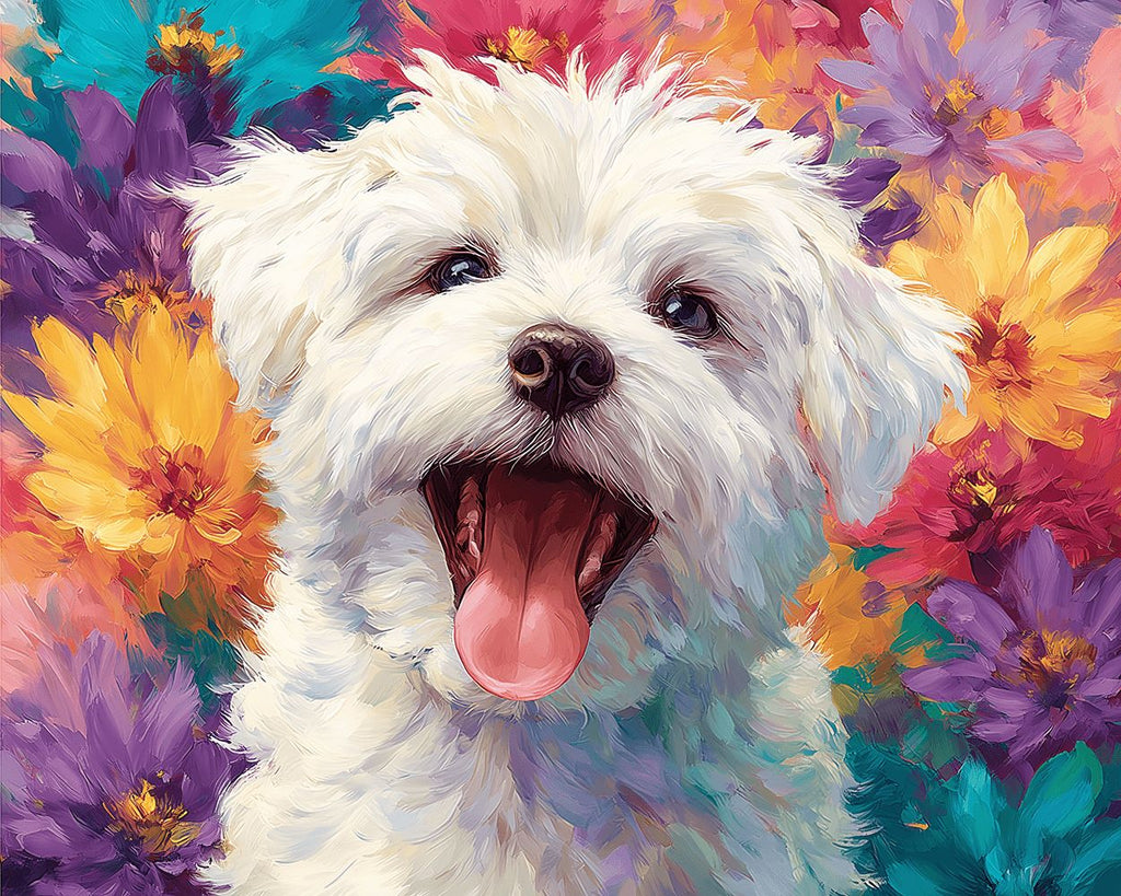 White Bichon Frise among Colorful Chrysanthemums Paint by Numbers