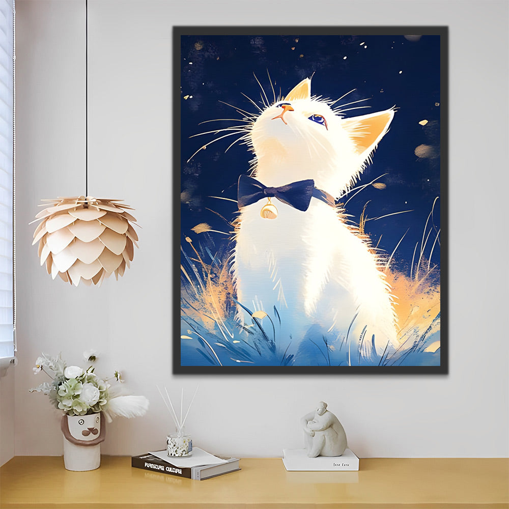 White Cat Looking up at the Night Sky Paint by Numbers