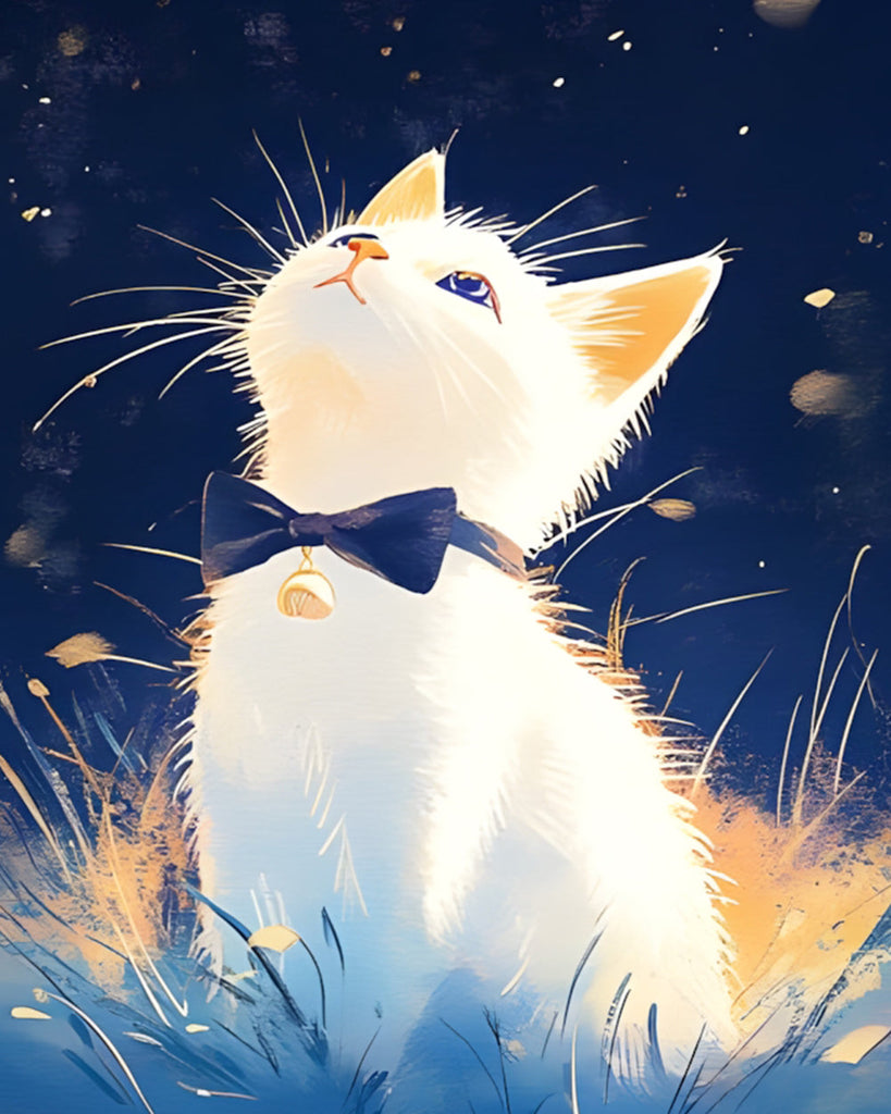 White Cat Looking up at the Night Sky Paint by Numbers