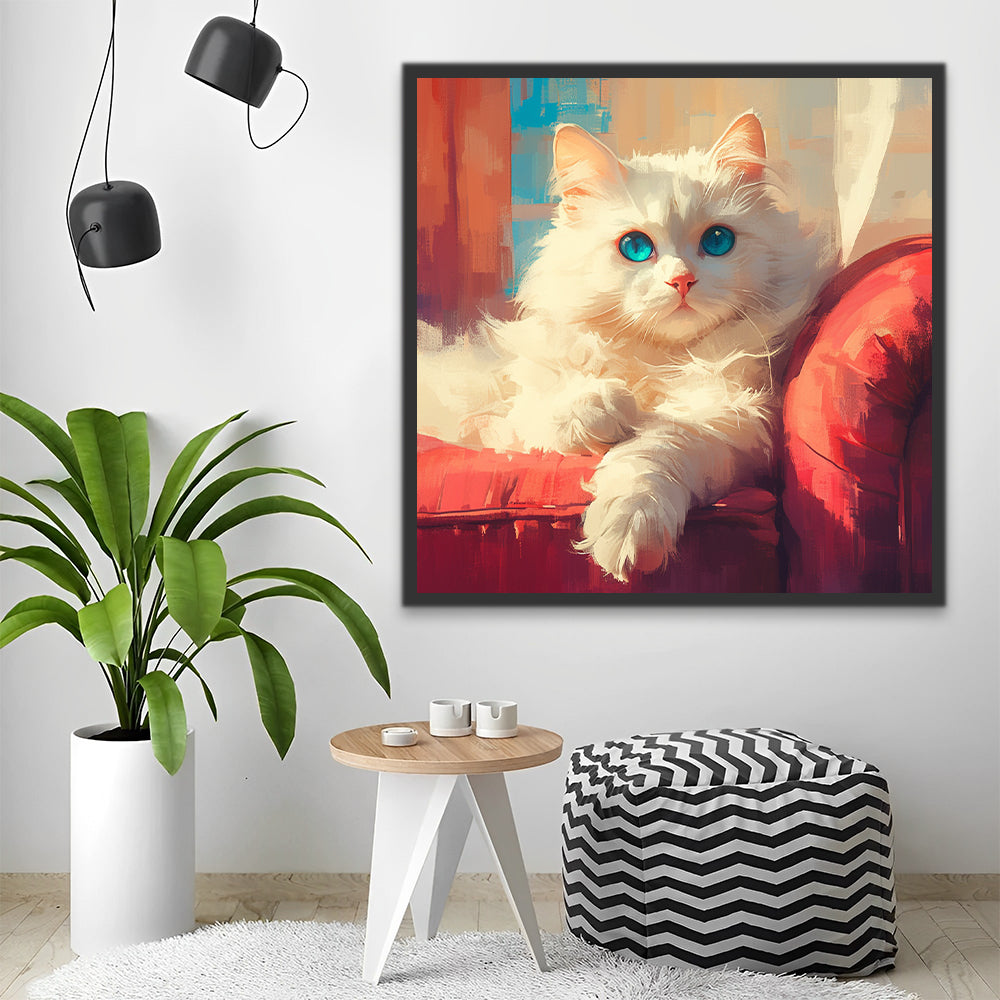 White Cat on Red Sofa Paint by Numbers