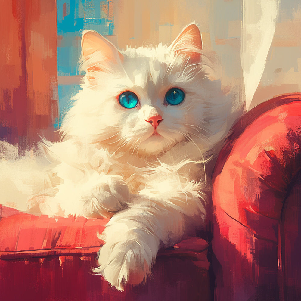 White Cat on Red Sofa Paint by Numbers